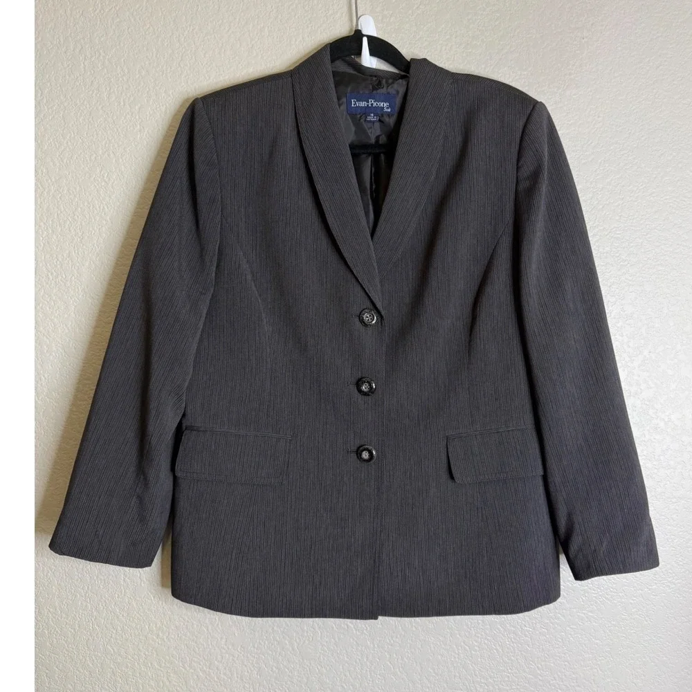 Evan Picone Womens 16 Pant Suit Gray Pinstripe Blazer Trousers 2 Piece Set‎